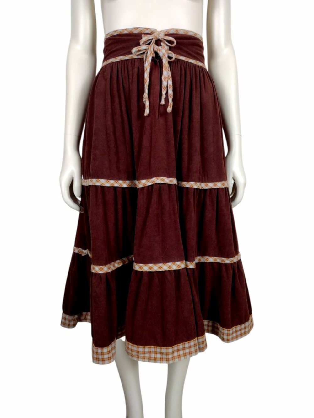 Vintage 1970s Brown Microfiber High Waisted Tiered Peasant Midi Skirt Size XS